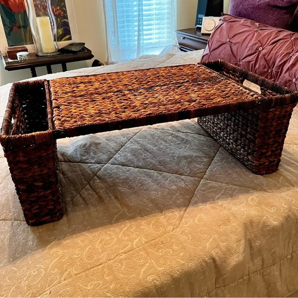 NEW Pottery Barn Rattan Wicker Metal Folding Side Table Tea Brunch Bed Table T…